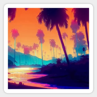 Retro vaporwave Palm beach with the ocean and sunset landscape Sticker